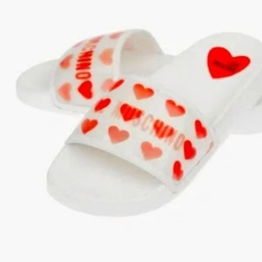 NWOT Love Moschino red & white heart print hologram flat pool slide sandals, 41